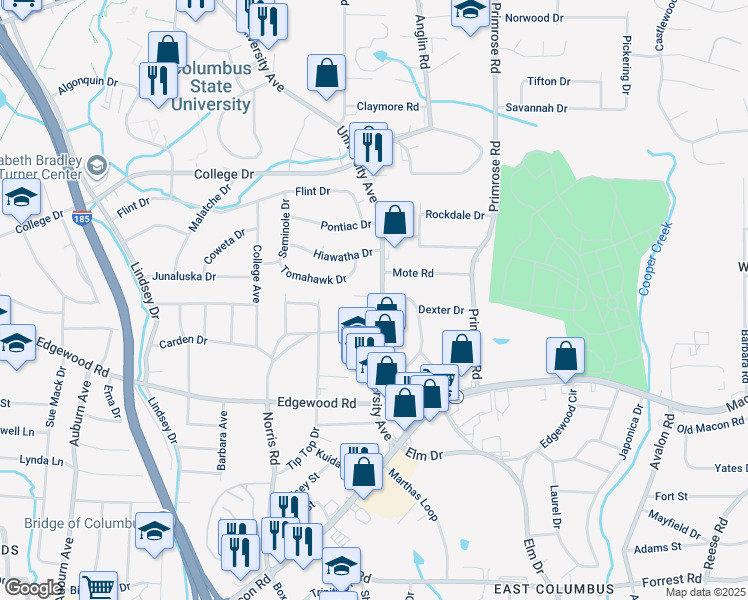 map of restaurants, bars, coffee shops, grocery stores, and more near 3219 University Avenue in Columbus
