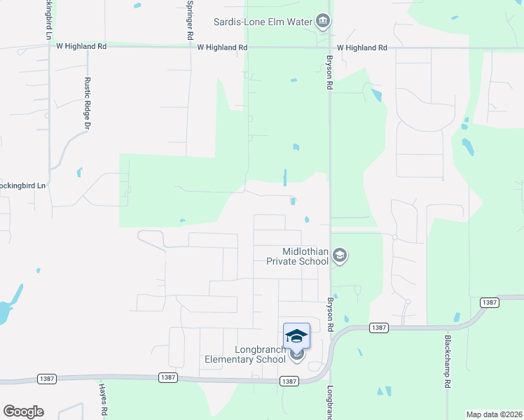 map of restaurants, bars, coffee shops, grocery stores, and more near 6413 Orange Blossom Drive in Midlothian