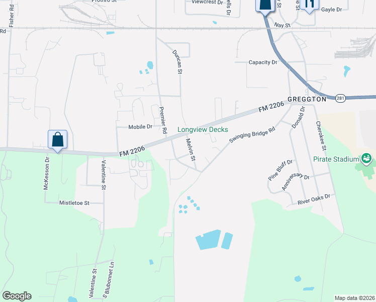 map of restaurants, bars, coffee shops, grocery stores, and more near 1083-1099 Melvin Street in Longview