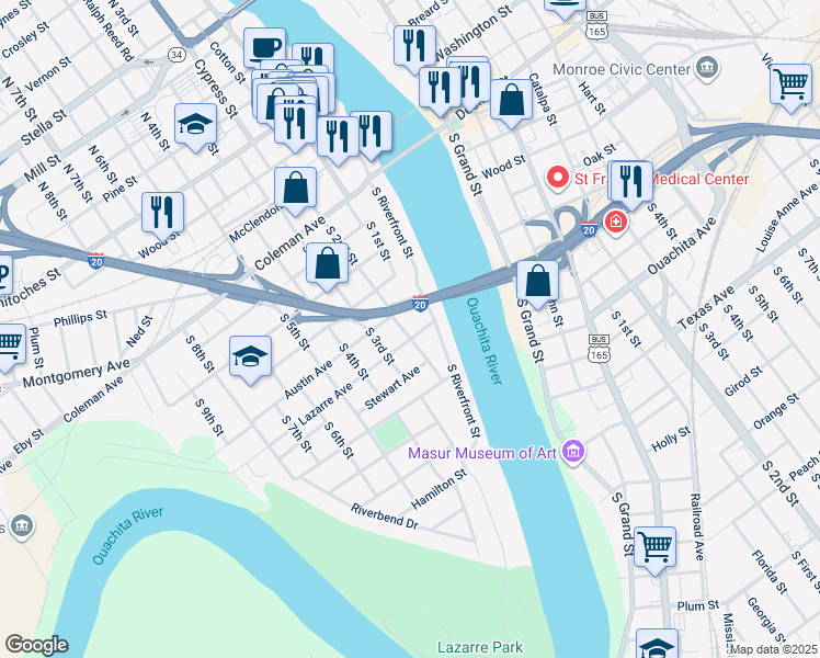 map of restaurants, bars, coffee shops, grocery stores, and more near 108 Lazarre Ave in West Monroe