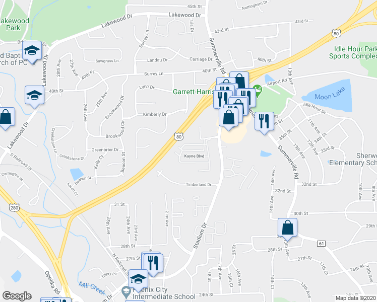 map of restaurants, bars, coffee shops, grocery stores, and more near 1701 37th Street in Phenix City