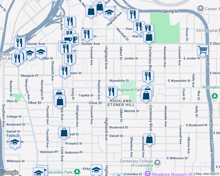 map of restaurants, bars, coffee shops, grocery stores, and more near 1801 Highland Avenue in Shreveport