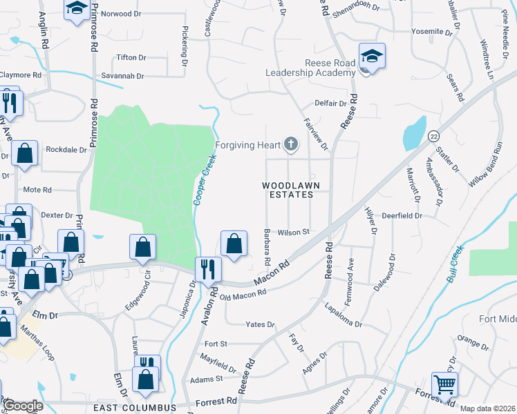 map of restaurants, bars, coffee shops, grocery stores, and more near 2870 Barbara Road in Columbus
