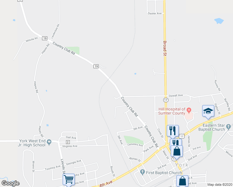 map of restaurants, bars, coffee shops, grocery stores, and more near 699 Country Club Road in York