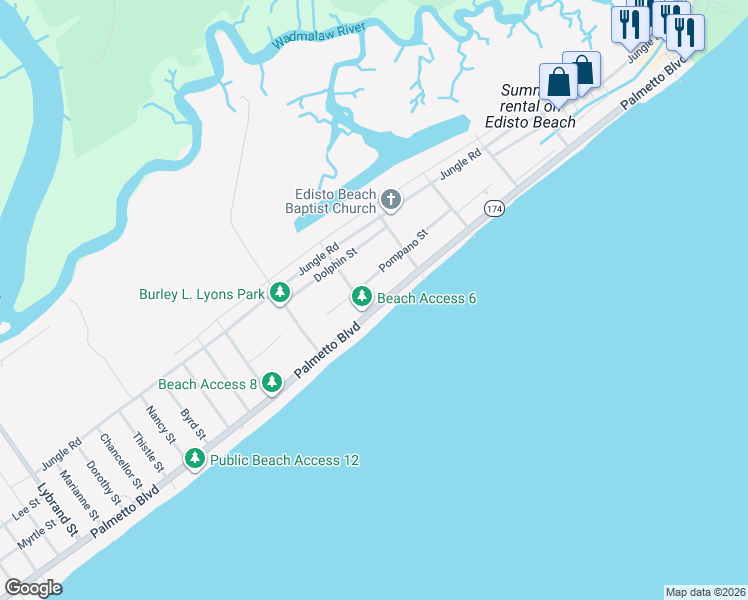 map of restaurants, bars, coffee shops, grocery stores, and more near 517 Palmetto Boulevard in Edisto Island