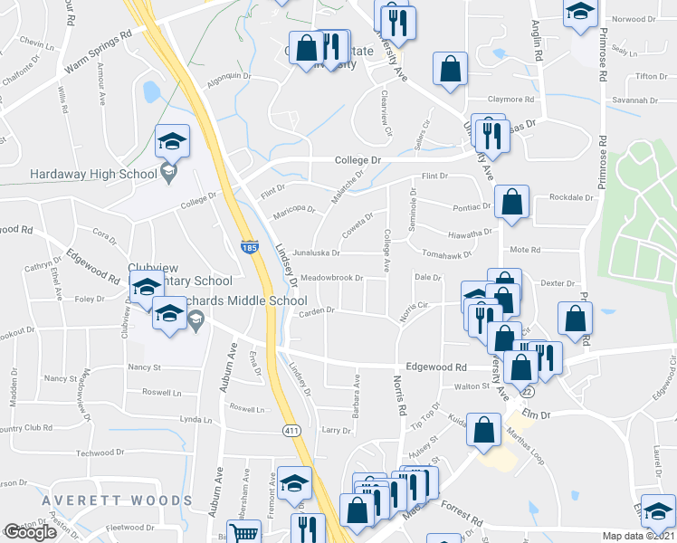 map of restaurants, bars, coffee shops, grocery stores, and more near 3321 Meadowbrook Drive in Columbus