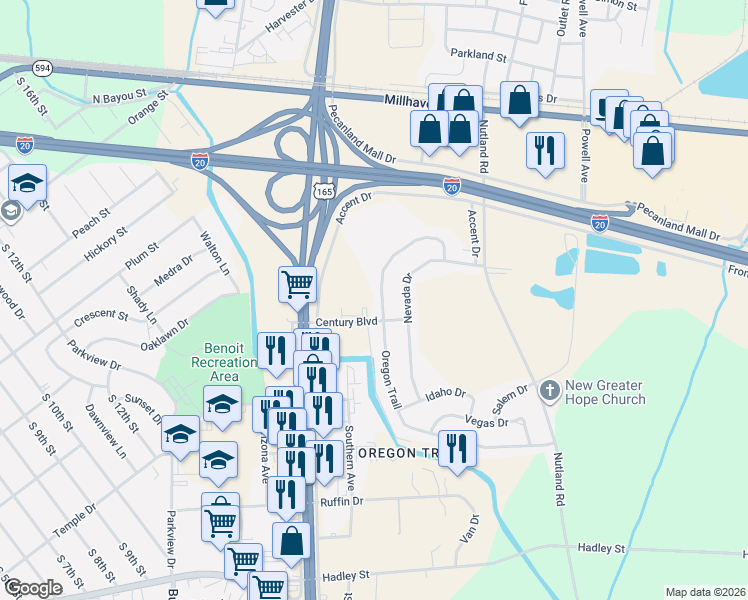 map of restaurants, bars, coffee shops, grocery stores, and more near 256 Oregon Trail in Monroe