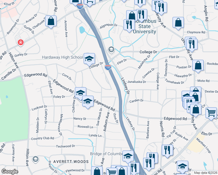 map of restaurants, bars, coffee shops, grocery stores, and more near 3309 Hilton Woods Dr in Columbus
