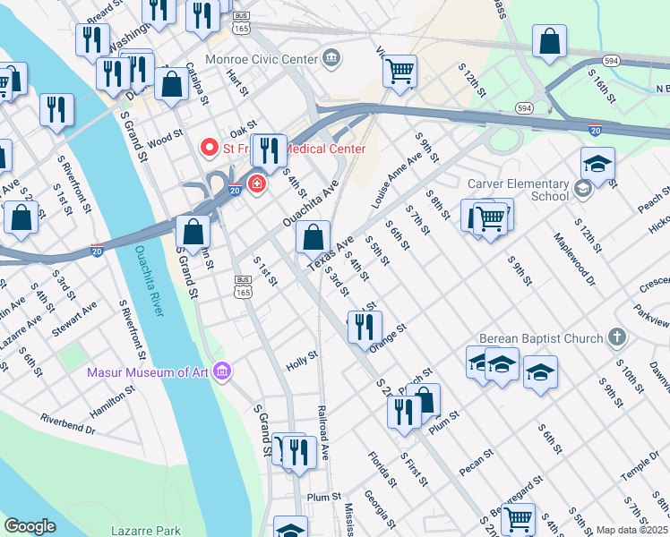 map of restaurants, bars, coffee shops, grocery stores, and more near 506 South 3rd Street in Monroe