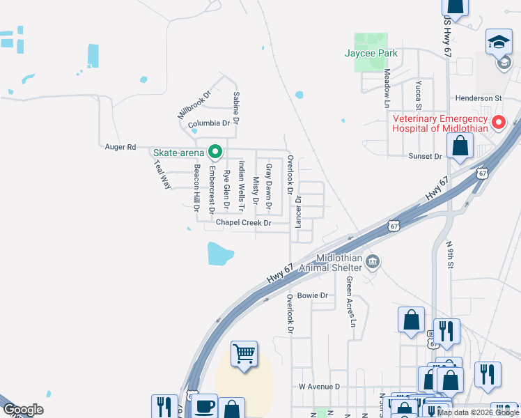 map of restaurants, bars, coffee shops, grocery stores, and more near 1014 Sage Brush Tr in Midlothian