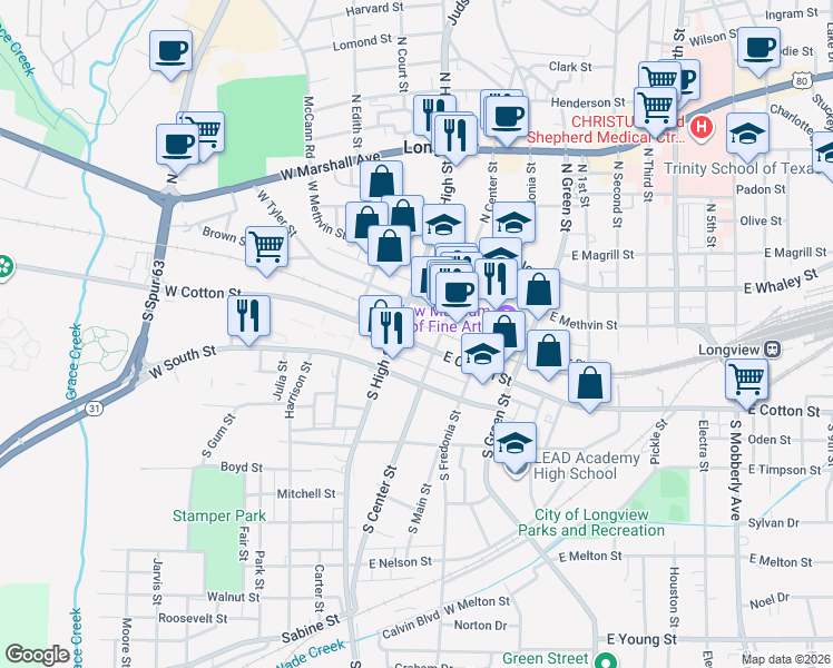 map of restaurants, bars, coffee shops, grocery stores, and more near 105 West Cotton Street in Longview