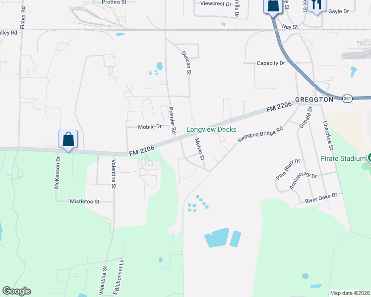 map of restaurants, bars, coffee shops, grocery stores, and more near 1003 Premier Road in Longview