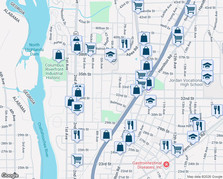 map of restaurants, bars, coffee shops, grocery stores, and more near 3225 6th Ave in Columbus