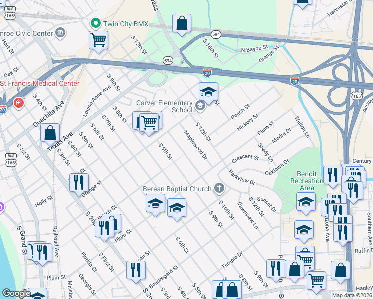 map of restaurants, bars, coffee shops, grocery stores, and more near 911 S 10th St in Monroe