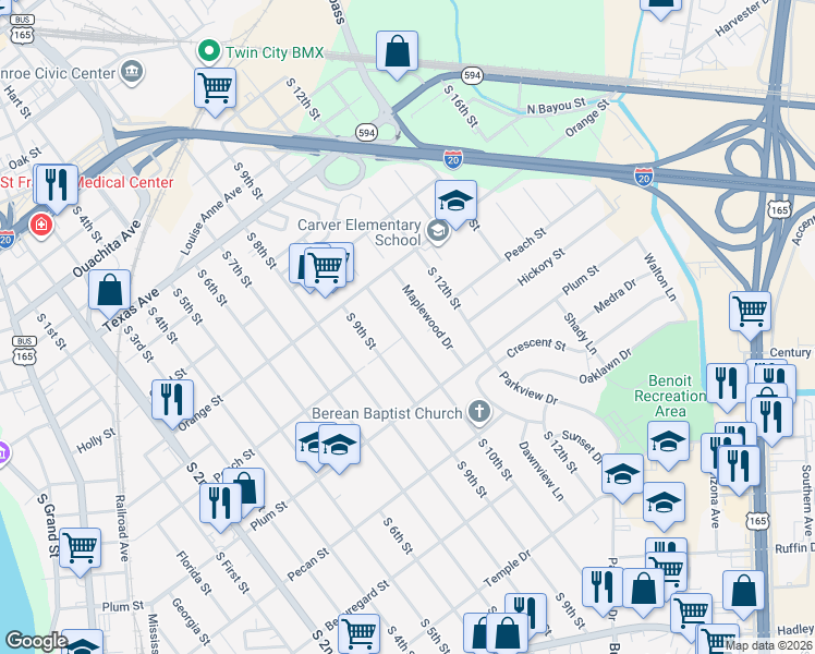 map of restaurants, bars, coffee shops, grocery stores, and more near 911 S 10th St in Monroe