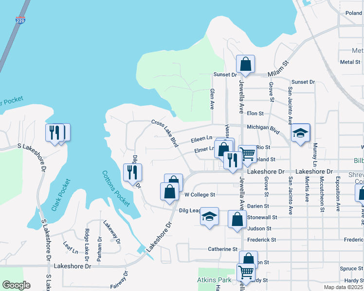 map of restaurants, bars, coffee shops, grocery stores, and more near 3855 Eileen Lane in Shreveport