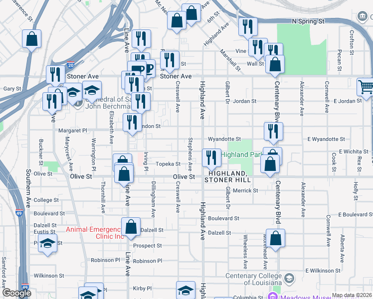 map of restaurants, bars, coffee shops, grocery stores, and more near 542 Wichita Street in Shreveport