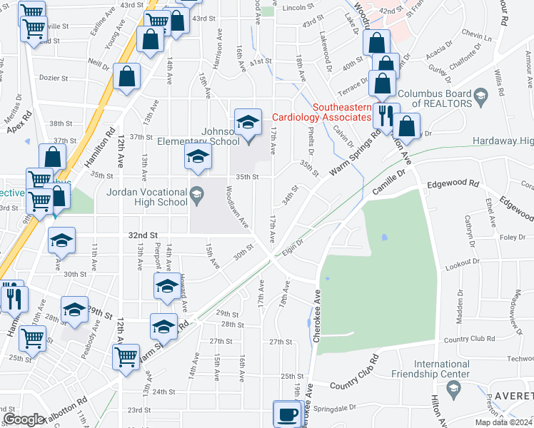 map of restaurants, bars, coffee shops, grocery stores, and more near 3311 17th Avenue in Columbus