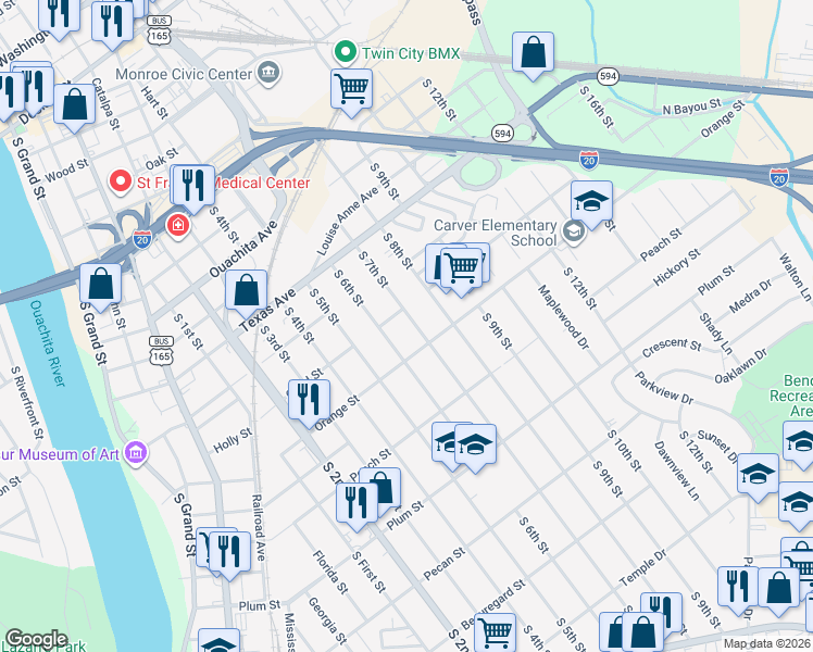 map of restaurants, bars, coffee shops, grocery stores, and more near 705 S 6th St in Monroe