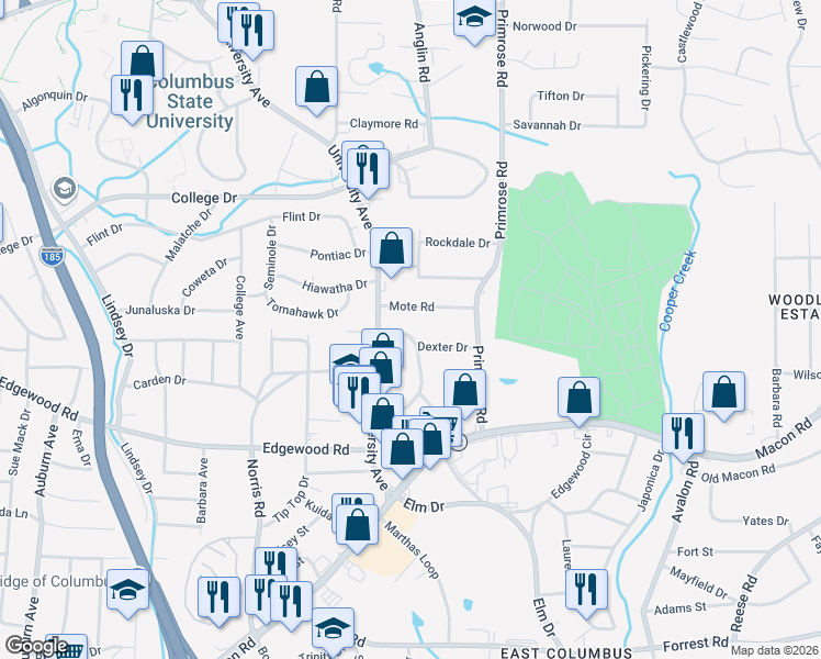 map of restaurants, bars, coffee shops, grocery stores, and more near 3124 Oak Circle in Columbus