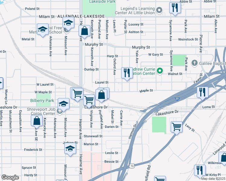 map of restaurants, bars, coffee shops, grocery stores, and more near 1734 Oxford Avenue in Shreveport