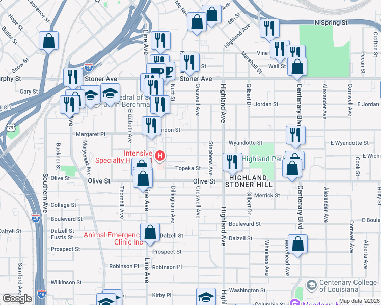 map of restaurants, bars, coffee shops, grocery stores, and more near 616 Wichita Street in Shreveport