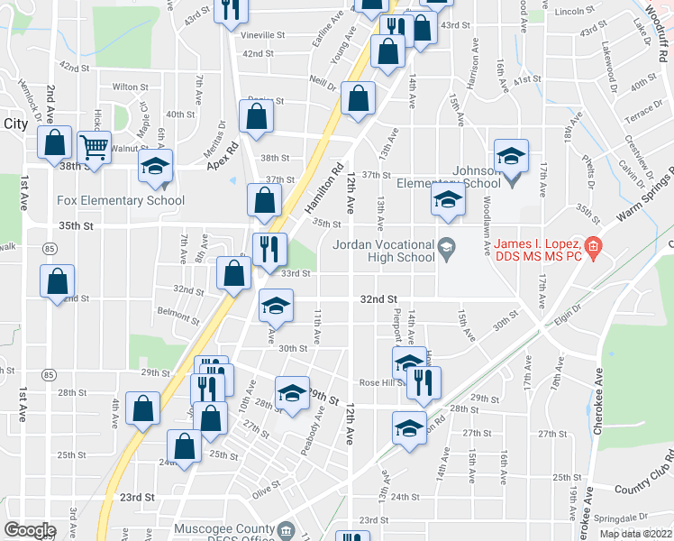 map of restaurants, bars, coffee shops, grocery stores, and more near 1117 33rd Street in Columbus