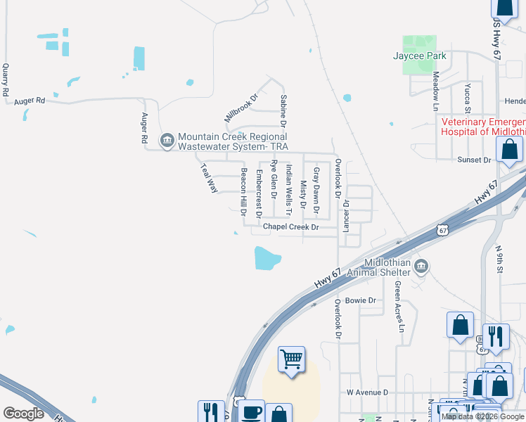 map of restaurants, bars, coffee shops, grocery stores, and more near 1210 Embercrest Drive in Midlothian