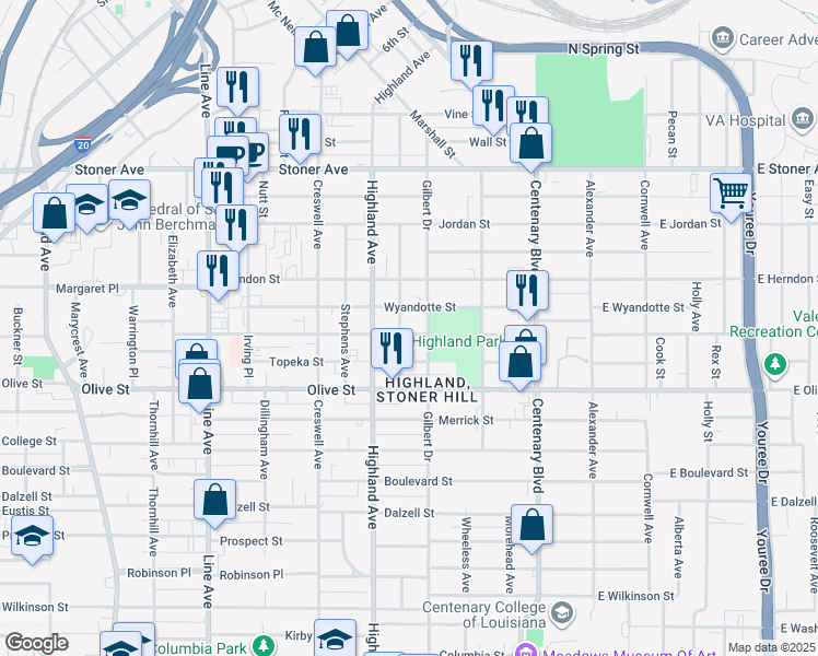 map of restaurants, bars, coffee shops, grocery stores, and more near 426 Wichita Street in Shreveport