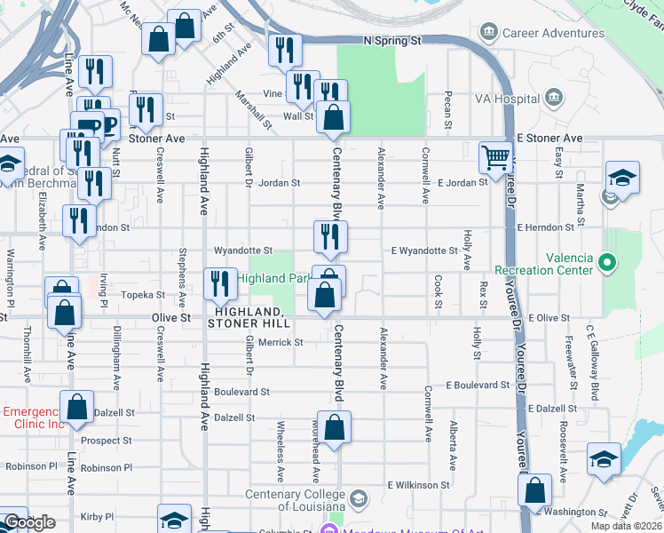 map of restaurants, bars, coffee shops, grocery stores, and more near 1718 Centenary Boulevard in Shreveport
