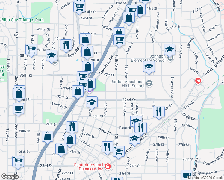 map of restaurants, bars, coffee shops, grocery stores, and more near 1122 33rd Street in Columbus