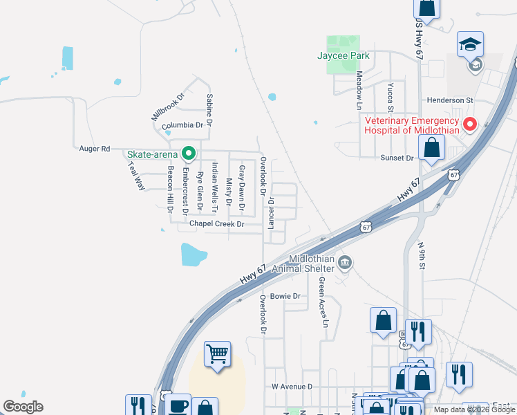 map of restaurants, bars, coffee shops, grocery stores, and more near 1214 Misty Meadow Drive in Midlothian