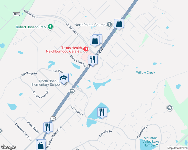 map of restaurants, bars, coffee shops, grocery stores, and more near 2820 Lakeside Drive in Burleson