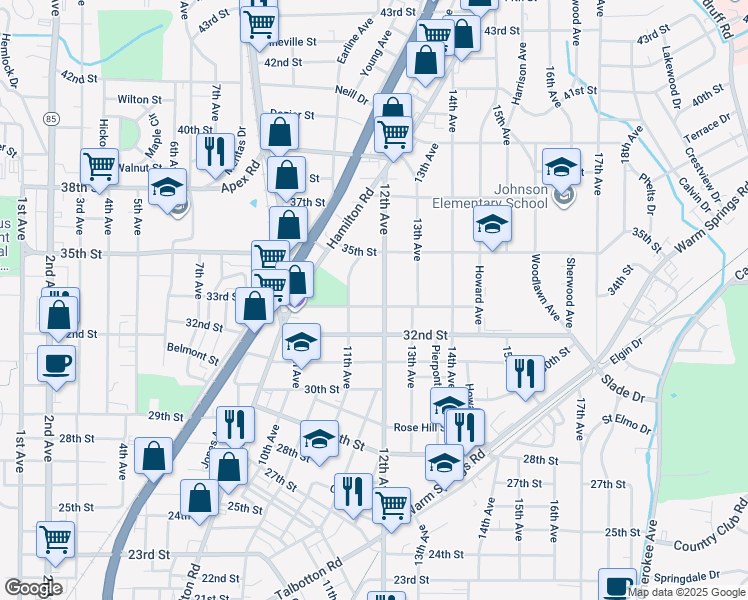 map of restaurants, bars, coffee shops, grocery stores, and more near 1122 33rd Street in Columbus