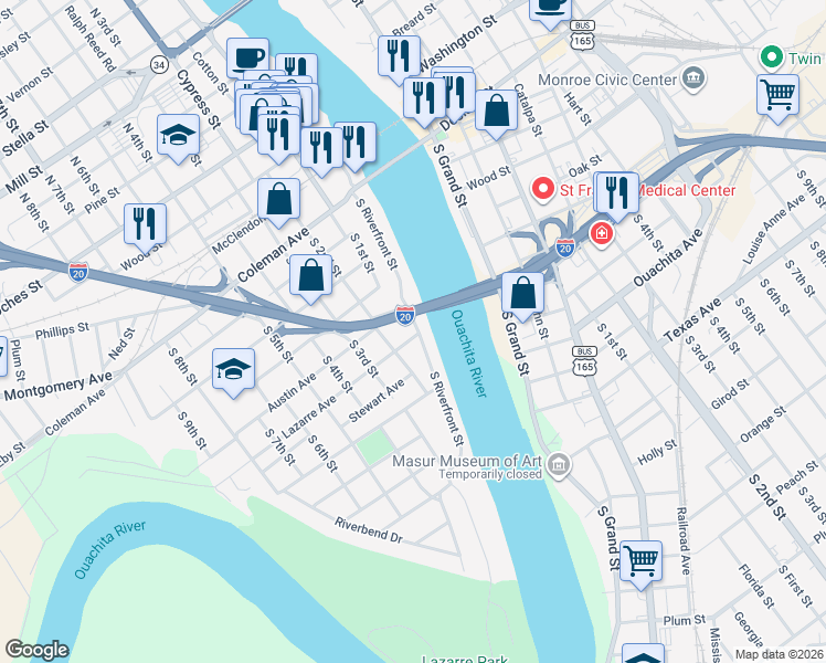map of restaurants, bars, coffee shops, grocery stores, and more near 108 Lazarre Avenue in West Monroe