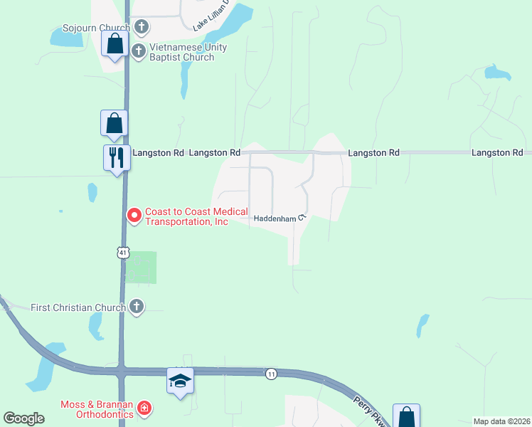 map of restaurants, bars, coffee shops, grocery stores, and more near 307 Brampton Way in Perry