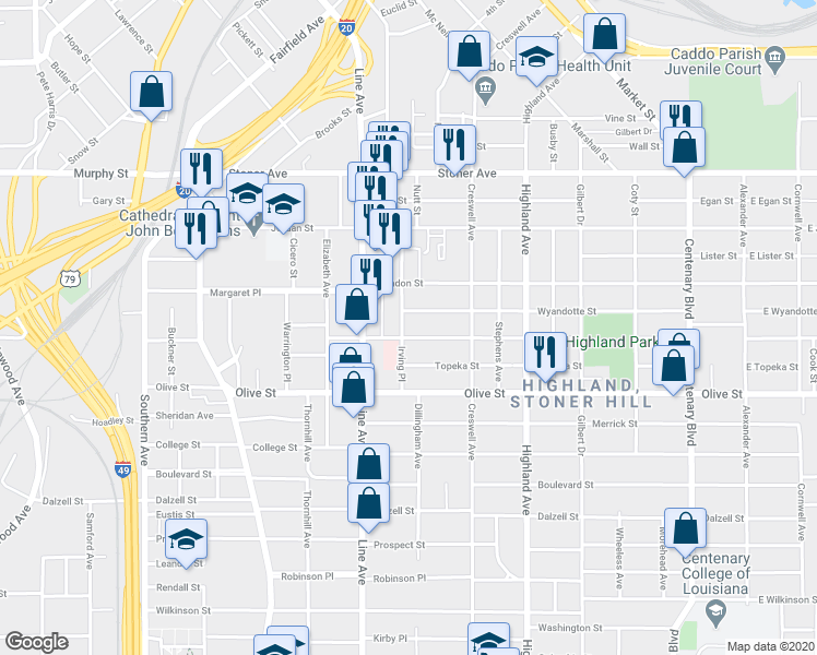 map of restaurants, bars, coffee shops, grocery stores, and more near 1751 Irving Place in Shreveport