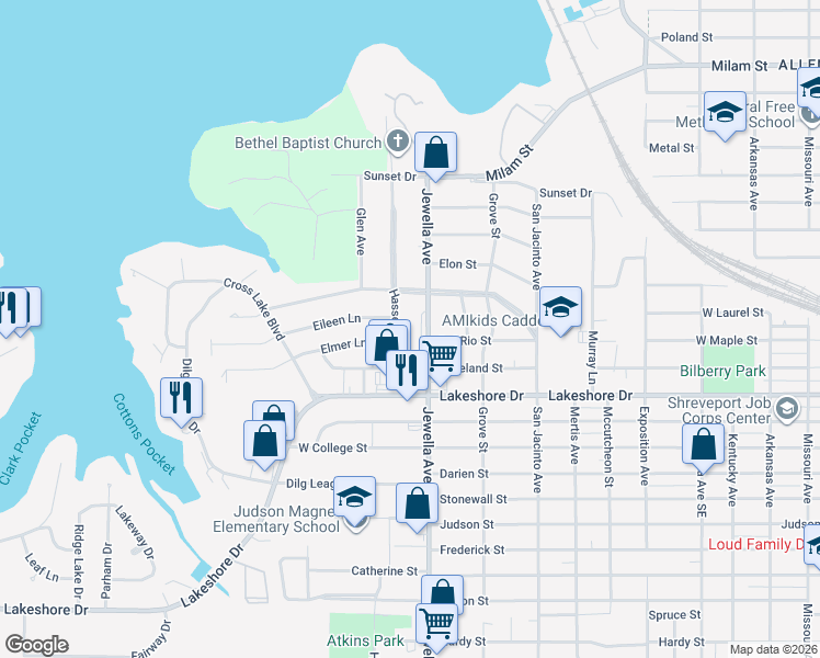 map of restaurants, bars, coffee shops, grocery stores, and more near 1812 Jewella Avenue in Shreveport