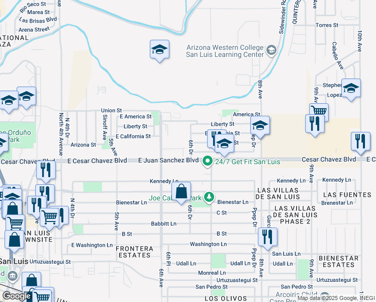 map of restaurants, bars, coffee shops, grocery stores, and more near Juan Sanchez Boulevard in San Luis