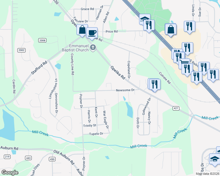map of restaurants, bars, coffee shops, grocery stores, and more near 4453-4505 Newsome Drive in Phenix City