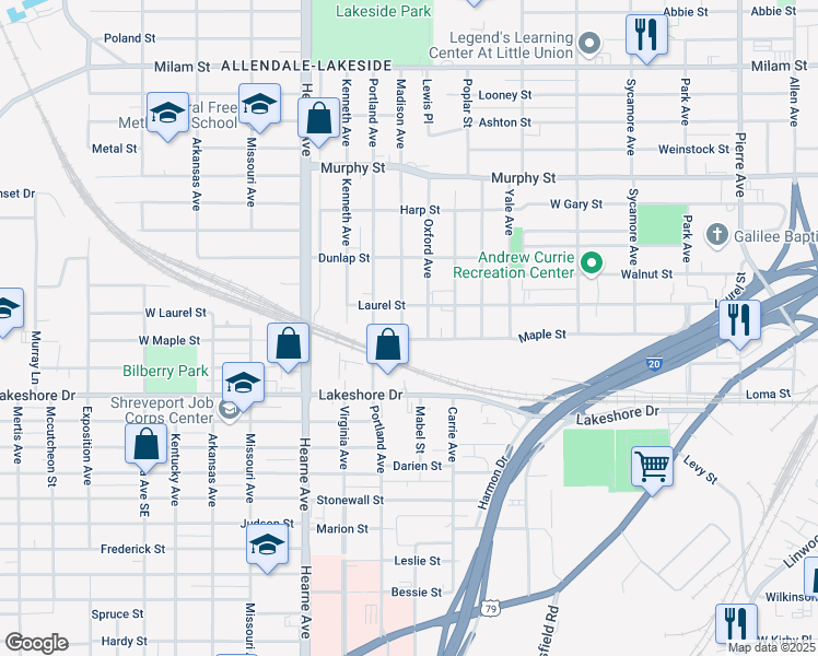 map of restaurants, bars, coffee shops, grocery stores, and more near 1734 Oxford Avenue in Shreveport