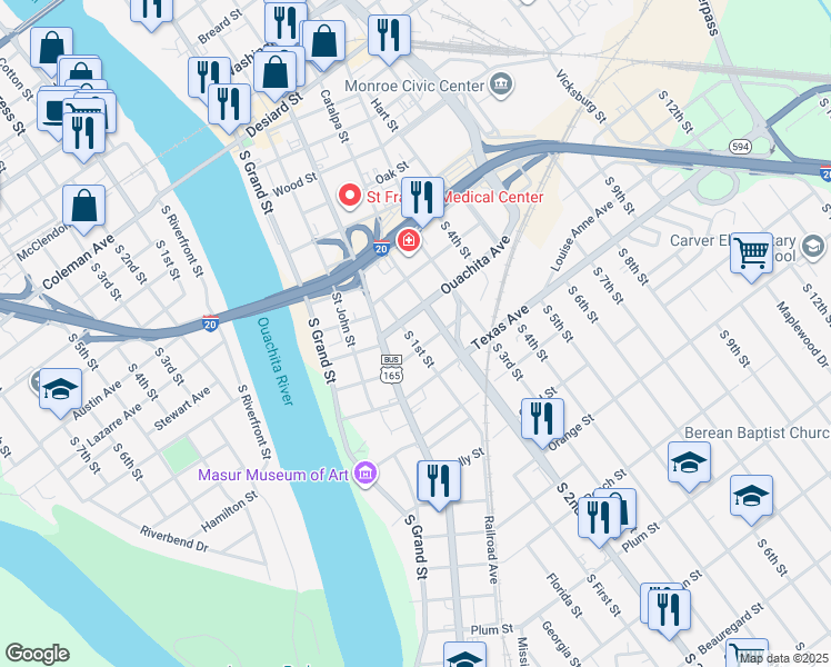 map of restaurants, bars, coffee shops, grocery stores, and more near 215 South 1st Street in Monroe