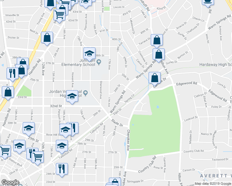 map of restaurants, bars, coffee shops, grocery stores, and more near 1716 34th Street in Columbus