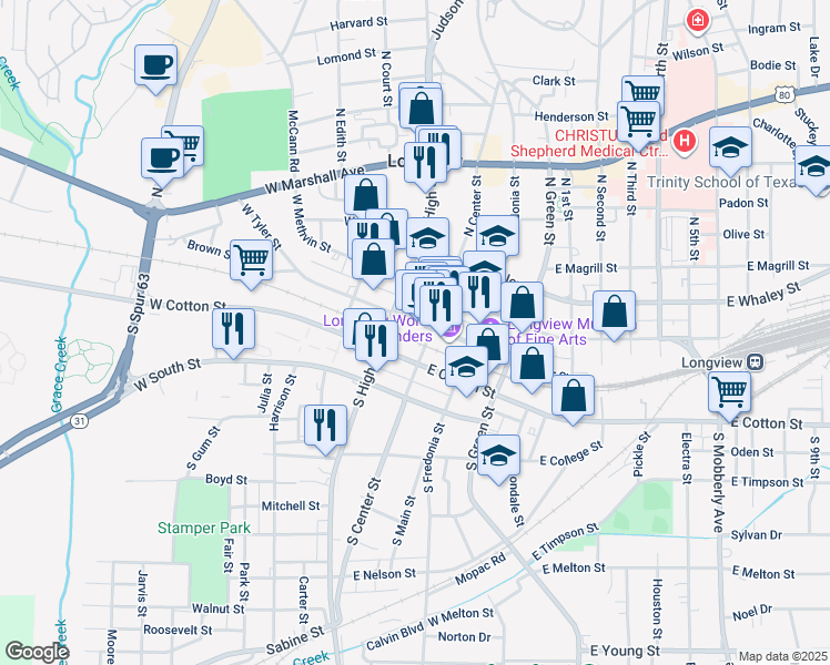 map of restaurants, bars, coffee shops, grocery stores, and more near 105 West Cotton Street in Longview
