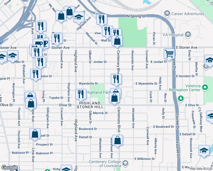 map of restaurants, bars, coffee shops, grocery stores, and more near 1701 Coty Street in Shreveport