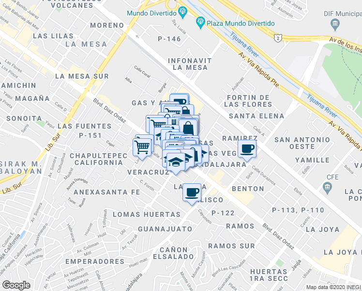 map of restaurants, bars, coffee shops, grocery stores, and more near 14910 Boulevard Gustavo Diaz Ordaz in Tijuana