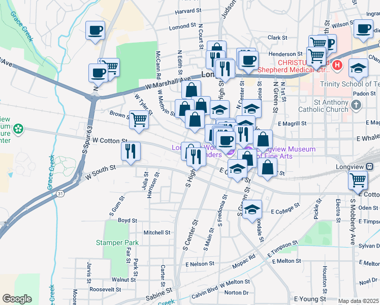 map of restaurants, bars, coffee shops, grocery stores, and more near 200 West Cotton Street in Longview