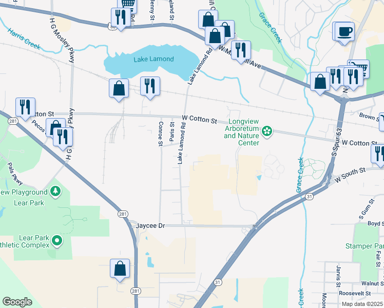 map of restaurants, bars, coffee shops, grocery stores, and more near 300 Lake Lamond Road in Longview
