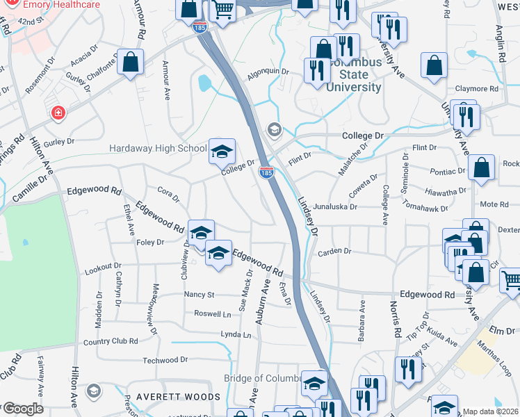 map of restaurants, bars, coffee shops, grocery stores, and more near 3309 Hilton Woods Drive in Columbus