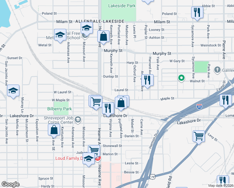 map of restaurants, bars, coffee shops, grocery stores, and more near 1575 Kenneth Avenue in Shreveport